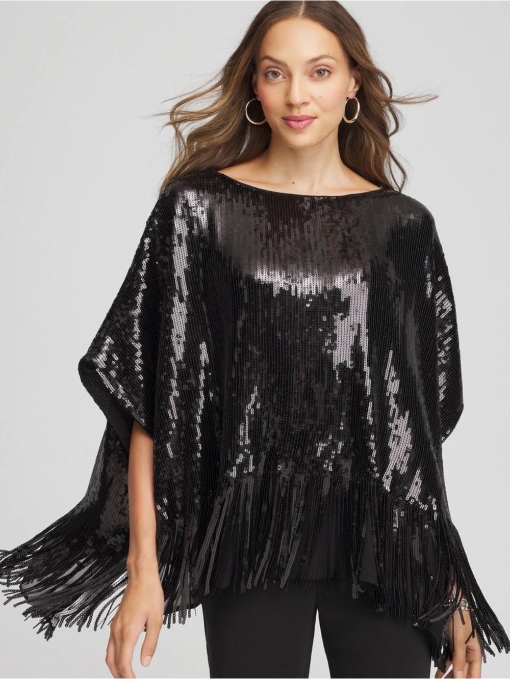 Chico's Black Sequin Fringe Poncho